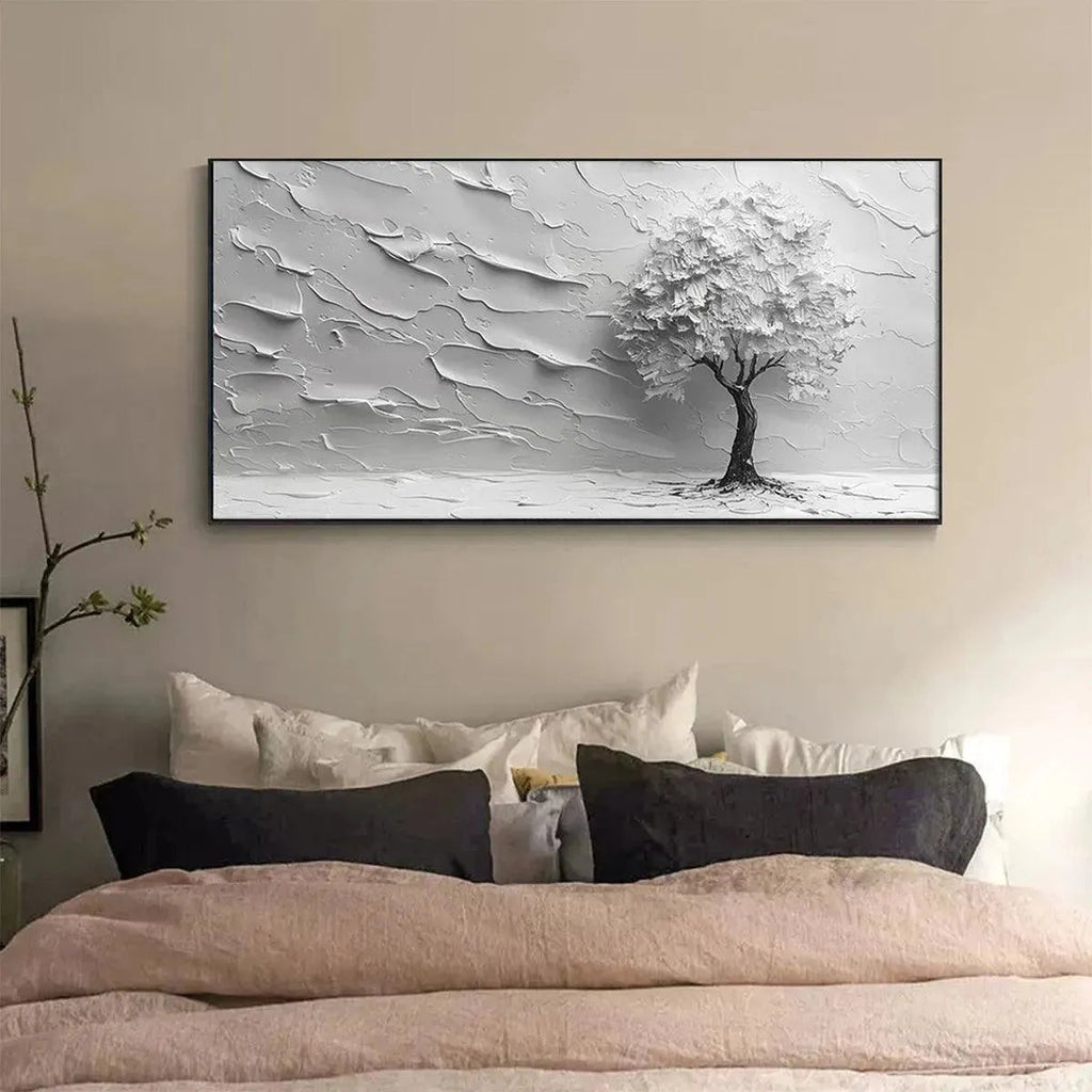 SERENE TREE: Impasto Solitary Tree Monochromatic Panoramic Canvas