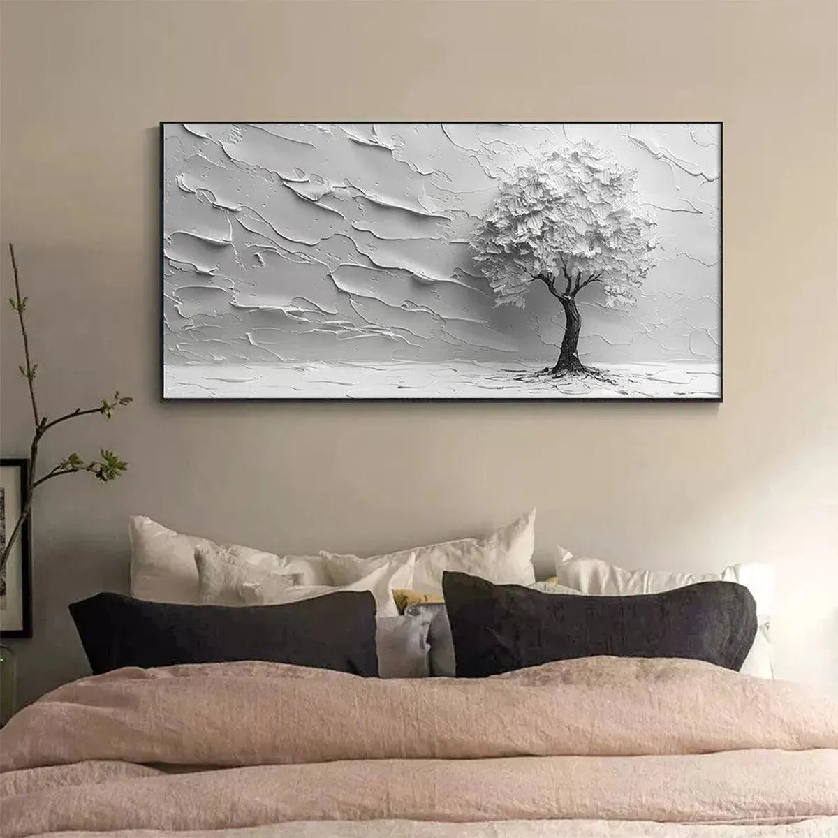 SERENE TREE: Impasto Solitary Tree Monochromatic Panoramic Canvas