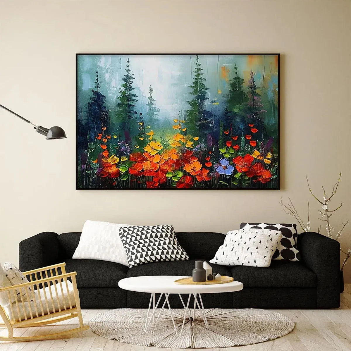 WILD FLOWER MEADOW: Panoramic Colorful Impasto Flowers Forest Edge Canvas