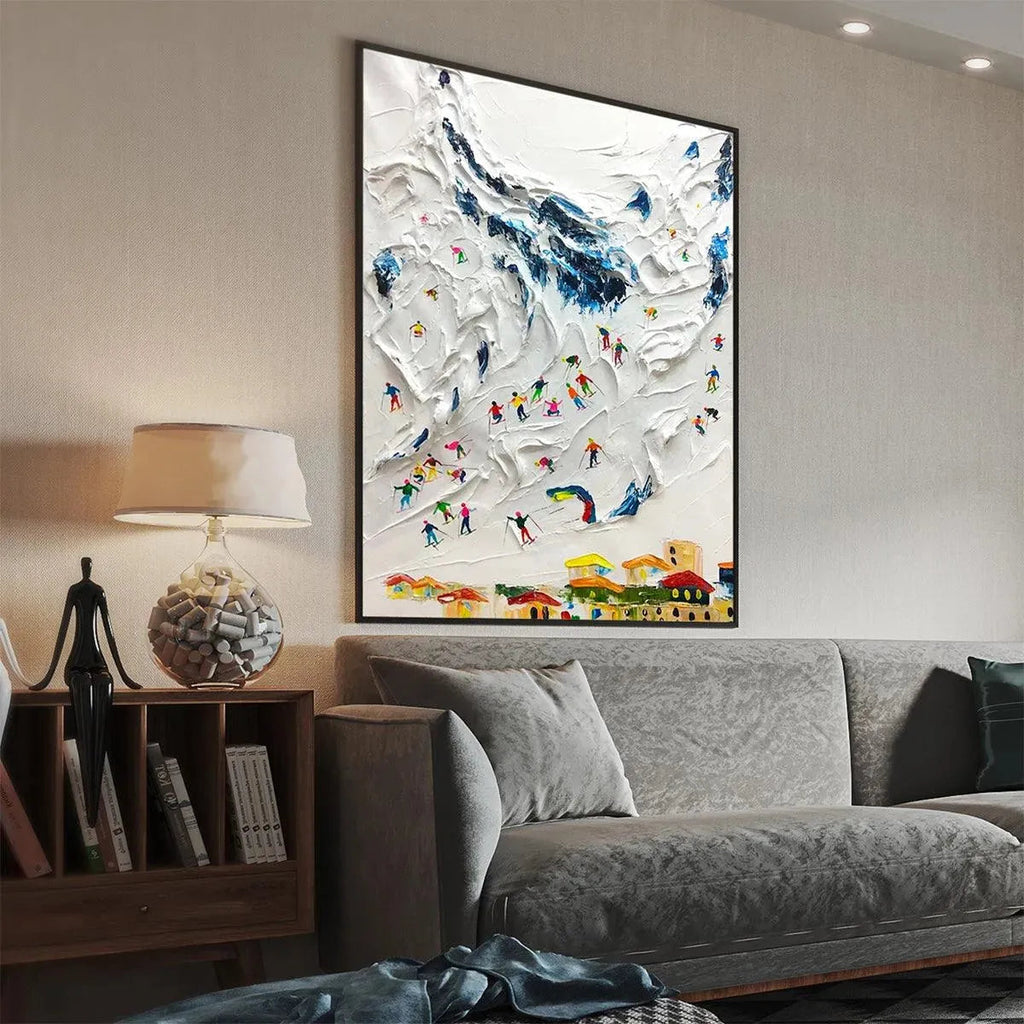 ALPINE SKI DAY art by Chak Yu Lam: textured ski scene with colorful skiers on snowy mountain slope, vertical wall art.