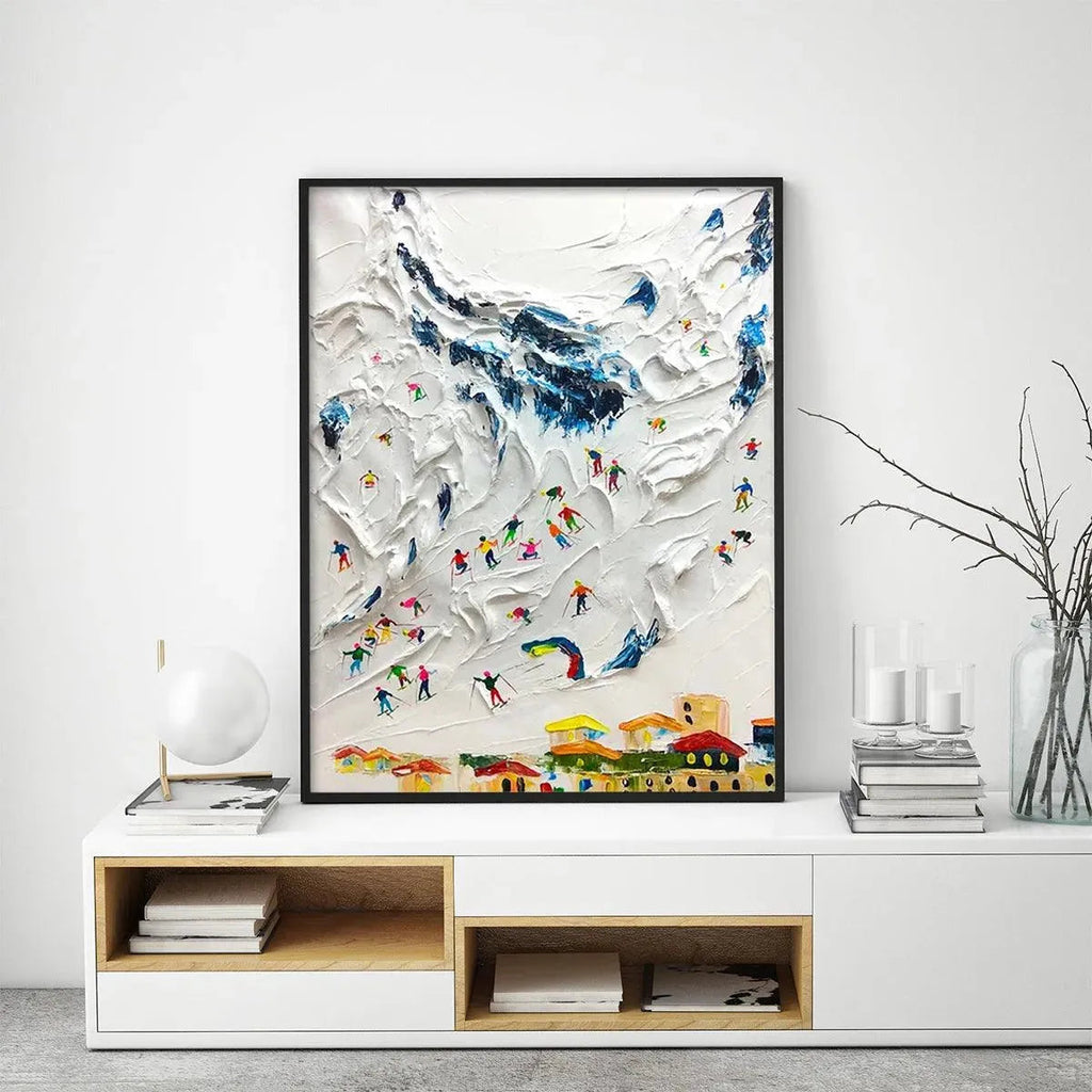 Alpine Ski Day painting by Chak Yu Lam: textured ski scene with colorful skiers on a snowy mountain slope, vertical wall art.