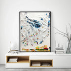 Alpine Ski Day painting by Chak Yu Lam: textured ski scene with colorful skiers on a snowy mountain slope, vertical wall art.