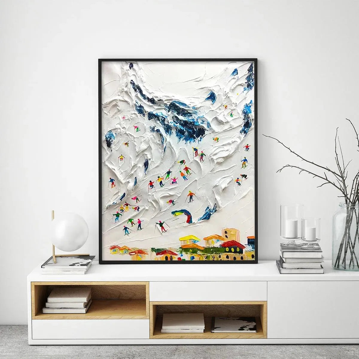 Alpine Ski Day painting by Chak Yu Lam: textured ski scene with colorful skiers on a snowy mountain slope, vertical wall art.