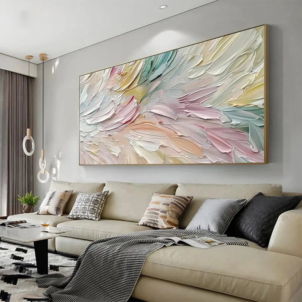 Pastel Dream by Isabella Rossi, textured abstract painting in soft pastel colors, modern wall art in a living room setting