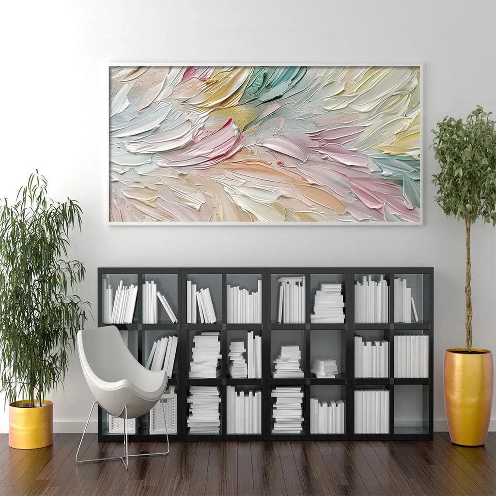 Isabella Rossi's Pastel Dream: Textured abstract painting in pastel hues, displayed in a modern living room setting