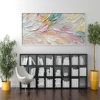 Isabella Rossi's Pastel Dream: Textured abstract painting in pastel hues, displayed in a modern living room setting