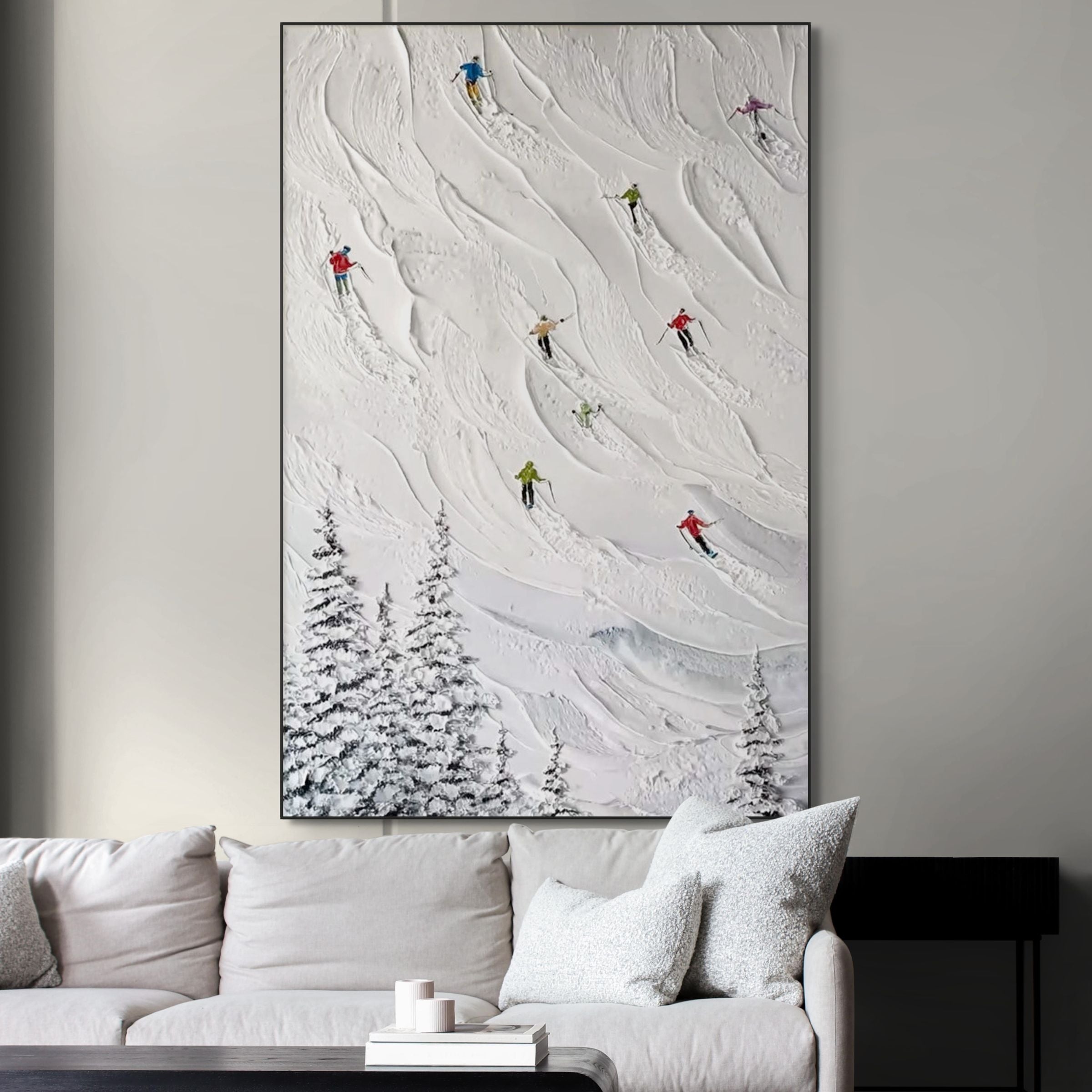 GLACIER PATH: Textured Ski Trail Painting Modern Snow Landscape Wall Art