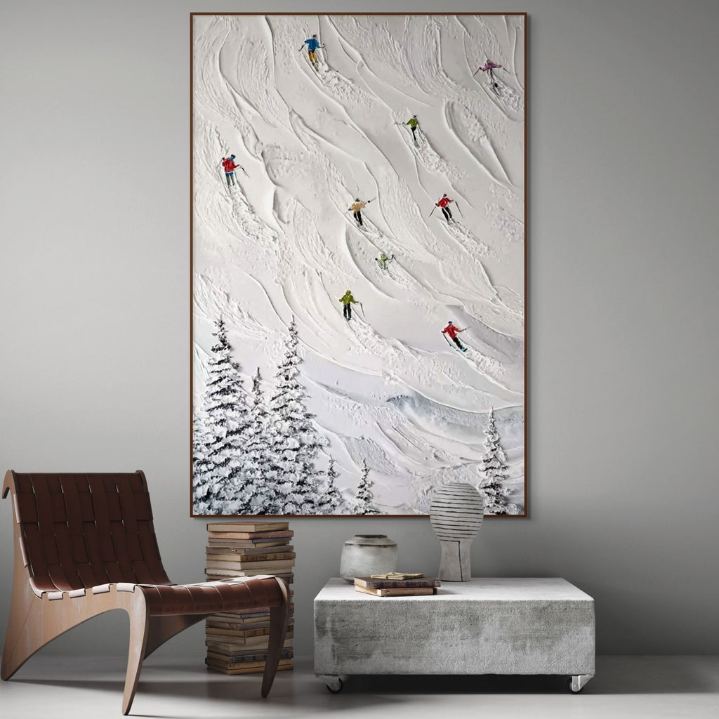 GLACIER PATH: Textured Ski Trail Painting Modern Snow Landscape Wall Art