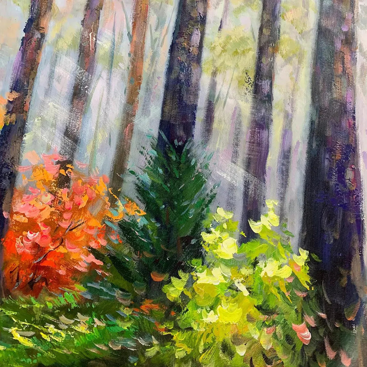 AUTUMN FOREST PATH: Golden Red Forest Trail Panoramic Oil Painting