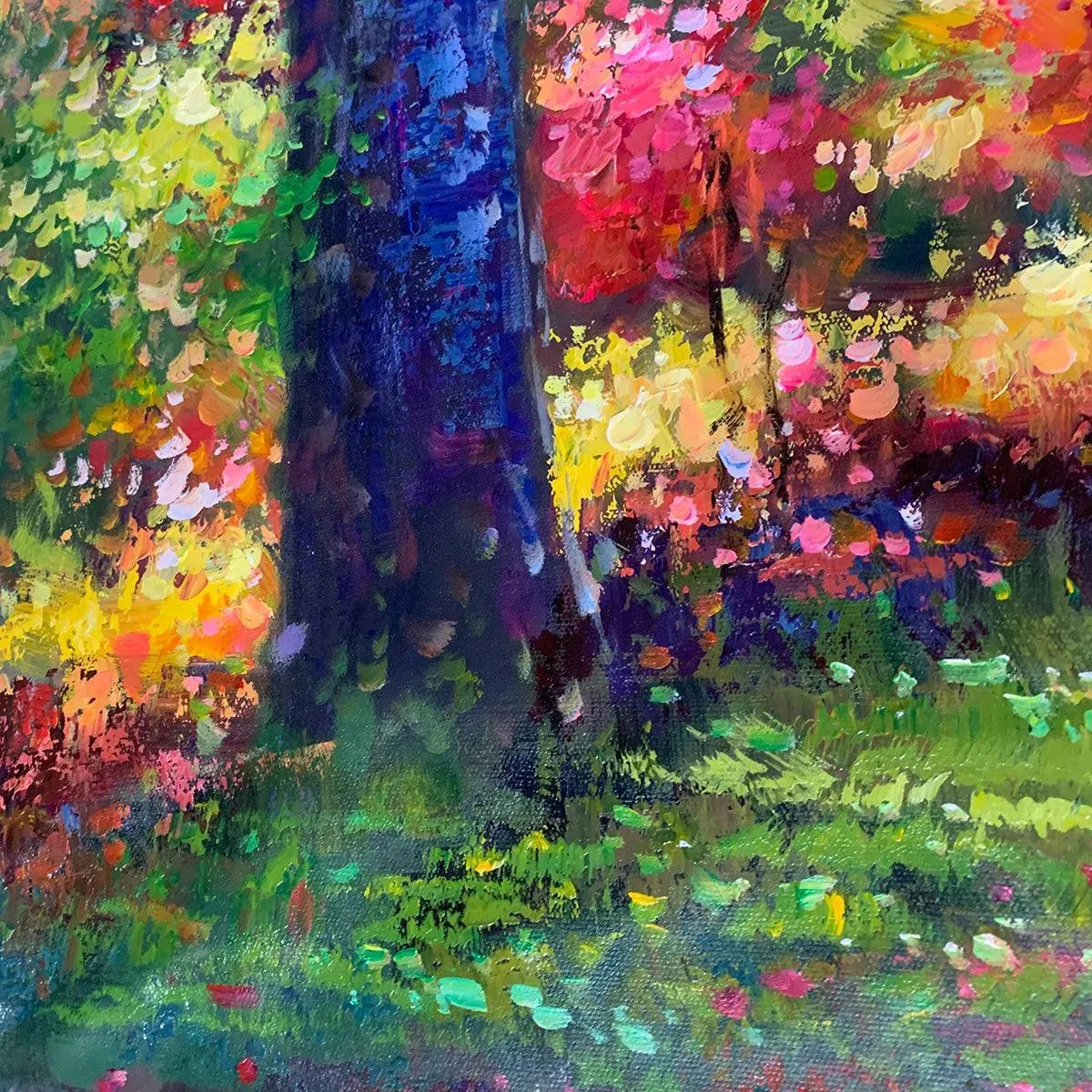 AUTUMN FOREST PATH: Golden Red Forest Trail Panoramic Oil Painting