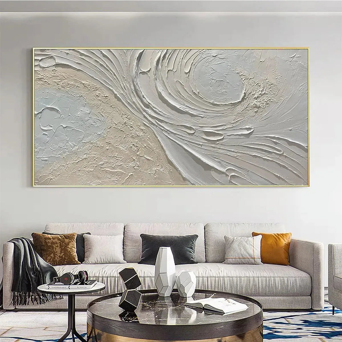 WHISPERS OF THE WIND: Beige Grey Textured Swirls Panoramic Canvas