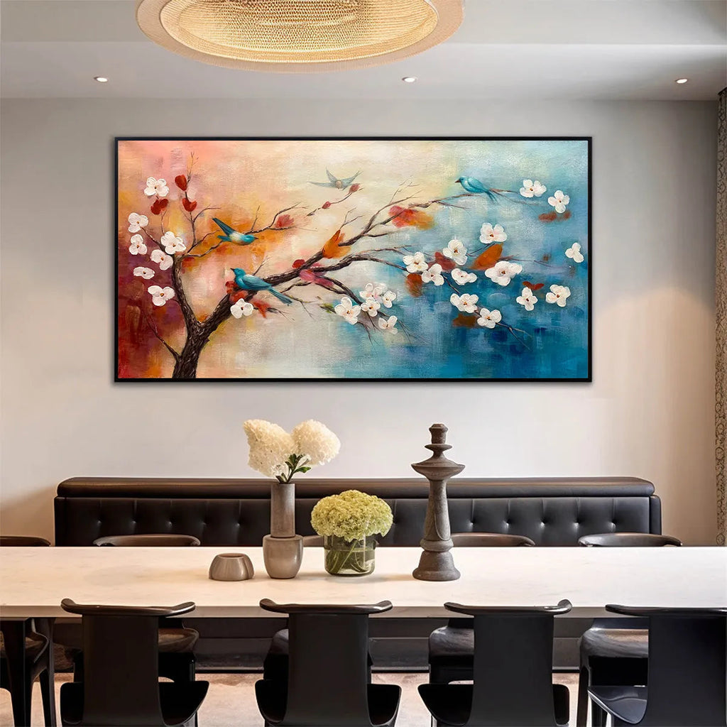 SPRING MELODY: White Blossom Blue Orange Birds Canvas