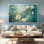 GOLDEN GARDEN: White Gold Floral Wall Art Blue Canvas Elegant Decor