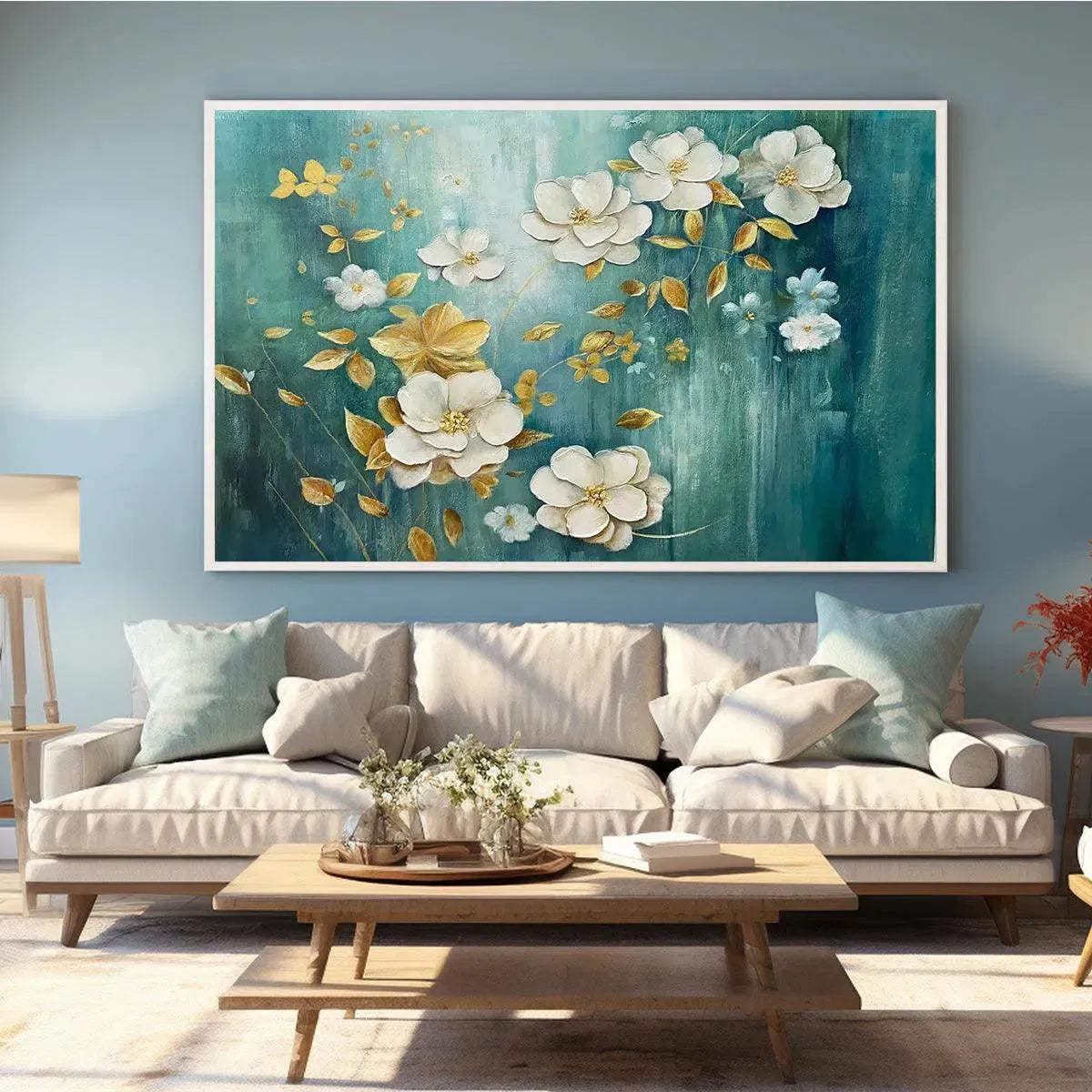 GOLDEN GARDEN: White Gold Floral Wall Art Blue Canvas Elegant Decor