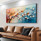 SPRING MELODY: White Blossom Blue Orange Birds Canvas