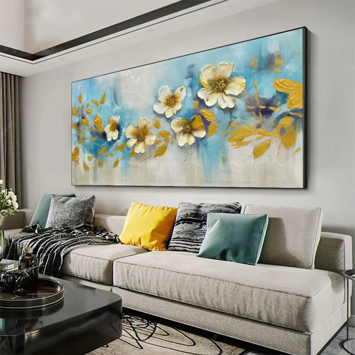 GOLDEN BLOSSOM DRIFT: Drifting Petals Gold Accent Painting