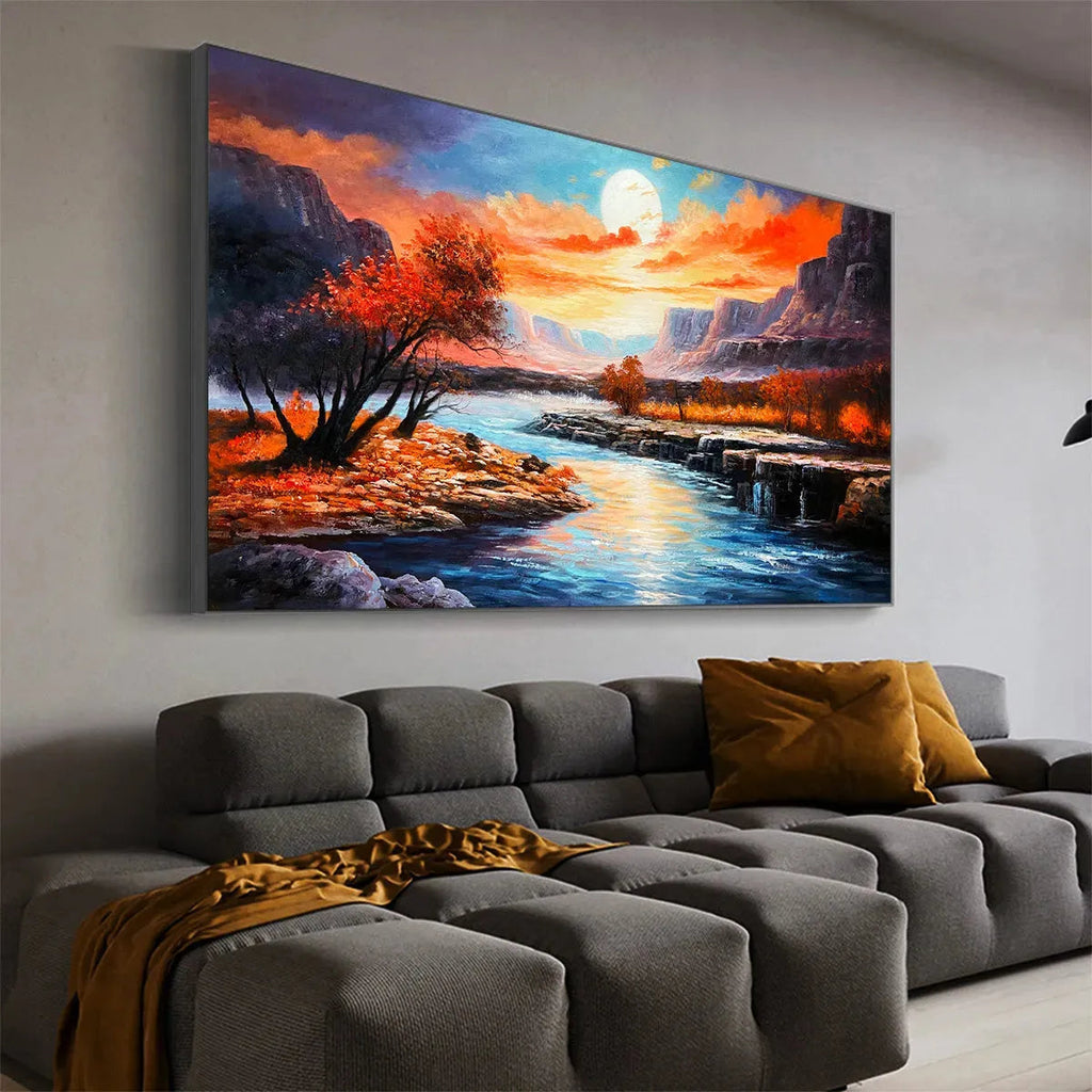 AUTUMN RIVER: Panoramic Sunset Sky Reflecting In Flowing Water Canvas