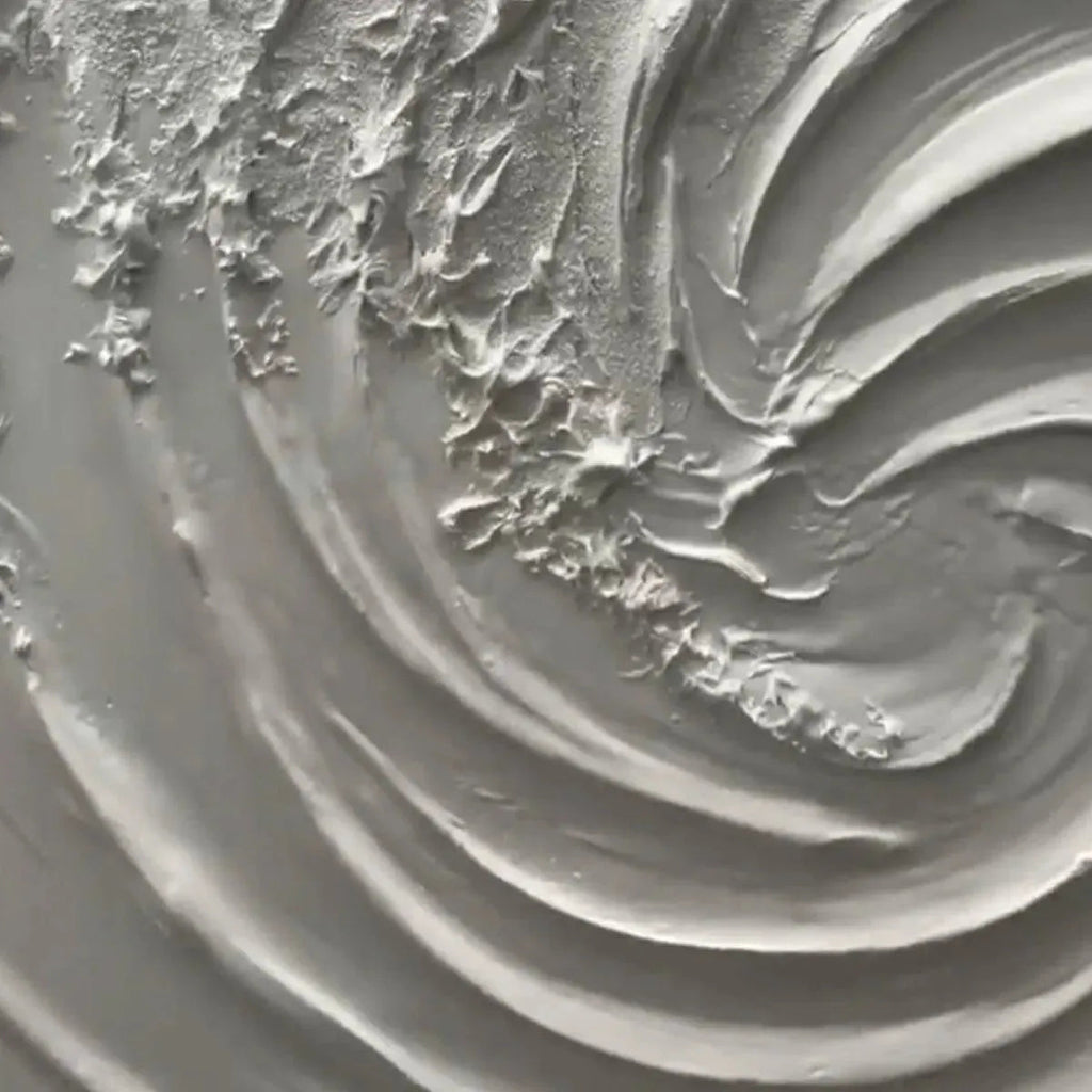 Close-up of Isabella Rossi's 'WHIRLWIND' textured white abstract painting, showing thick impasto swirl detail.