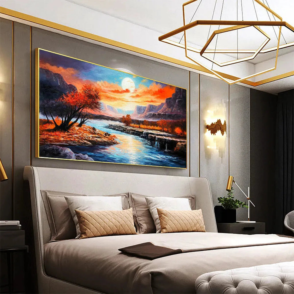 AUTUMN RIVER: Panoramic Sunset Sky Reflecting In Flowing Water Canvas
