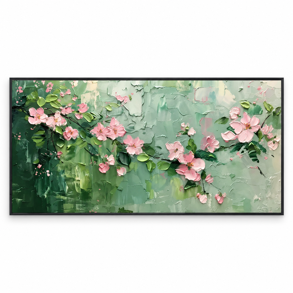 BLUSHING BRANCHES: Textured Floral Oil Painting with Pink Blossoms and Sage Green