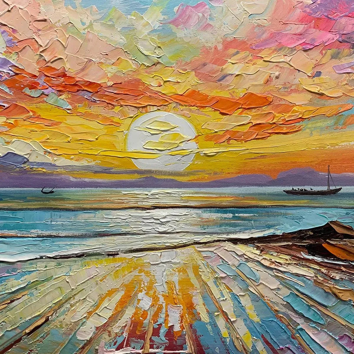 COLORFUL SEASCAPE: Vibrant Sunset Ocean Textured Oil Painting