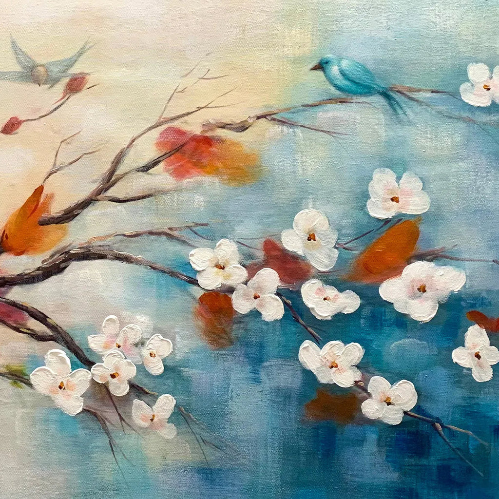 SPRING MELODY: White Blossom Blue Orange Birds Canvas