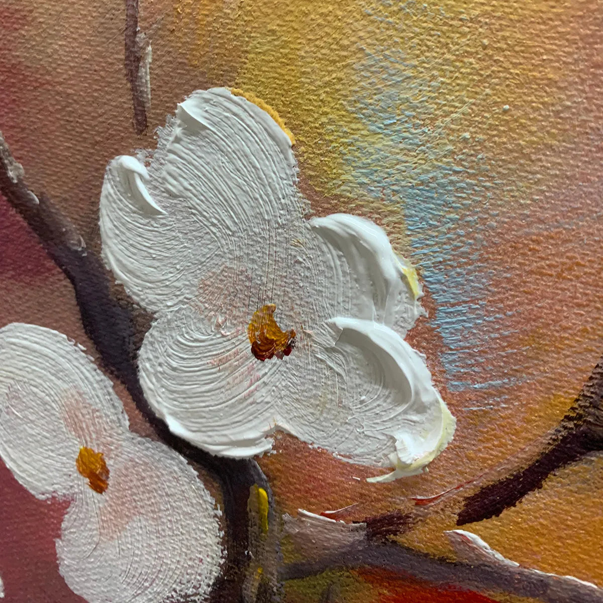 SPRING MELODY: White Blossom Blue Orange Birds Canvas