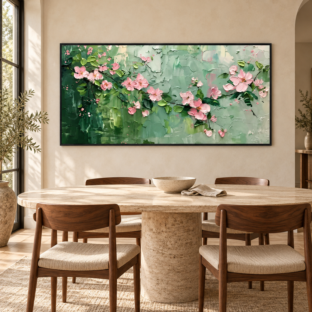 BLUSHING BRANCHES: Textured Floral Oil Painting with Pink Blossoms and Sage Green