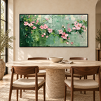 BLUSHING BRANCHES: Textured Floral Oil Painting with Pink Blossoms and Sage Green