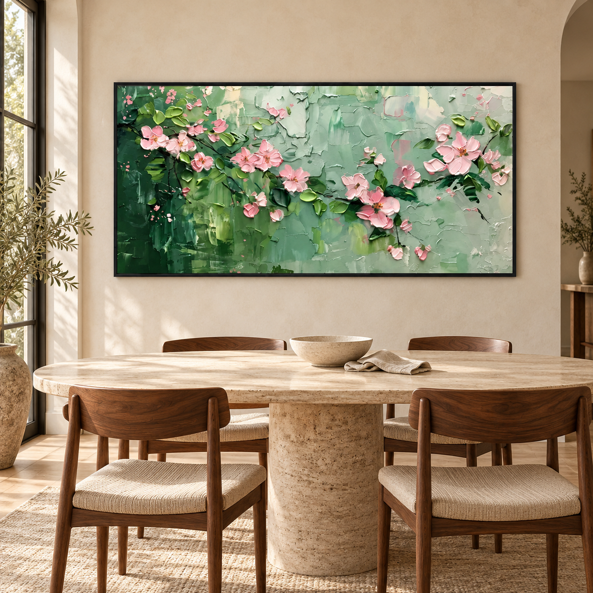 BLUSHING BRANCHES: Textured Floral Oil Painting with Pink Blossoms and Sage Green