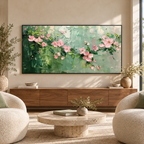 BLUSHING BRANCHES: Textured Floral Oil Painting with Pink Blossoms and Sage Green