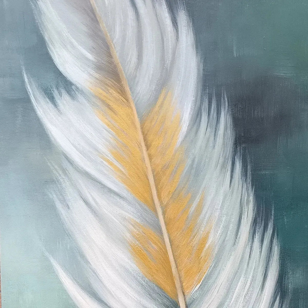 GOLDEN QUILL: Feather Wall Art White Gold Canvas Minimalist Decor