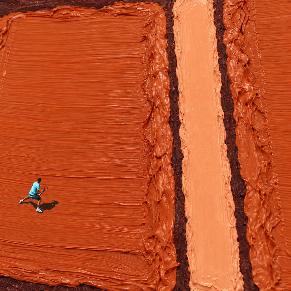 CLAY COURT: Texture Minimalist Tennis Match Oil Painting with Dynamic Energy