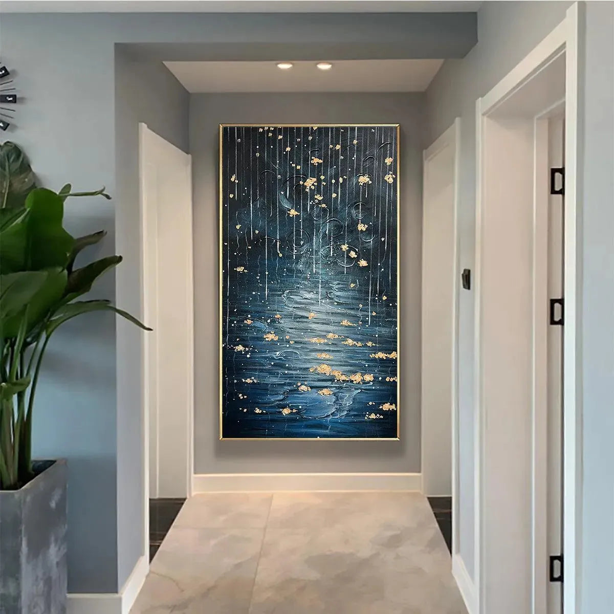 GOLDEN FALLS: Blue Gold Waterfall Vertical Wall Art