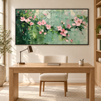 BLUSHING BRANCHES: Textured Floral Oil Painting with Pink Blossoms and Sage Green