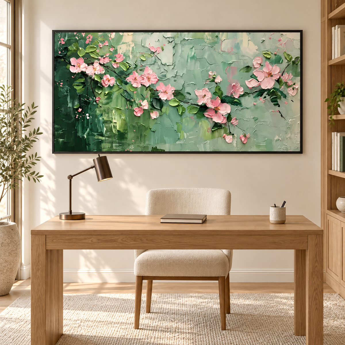 BLUSHING BRANCHES: Textured Floral Oil Painting with Pink Blossoms and Sage Green