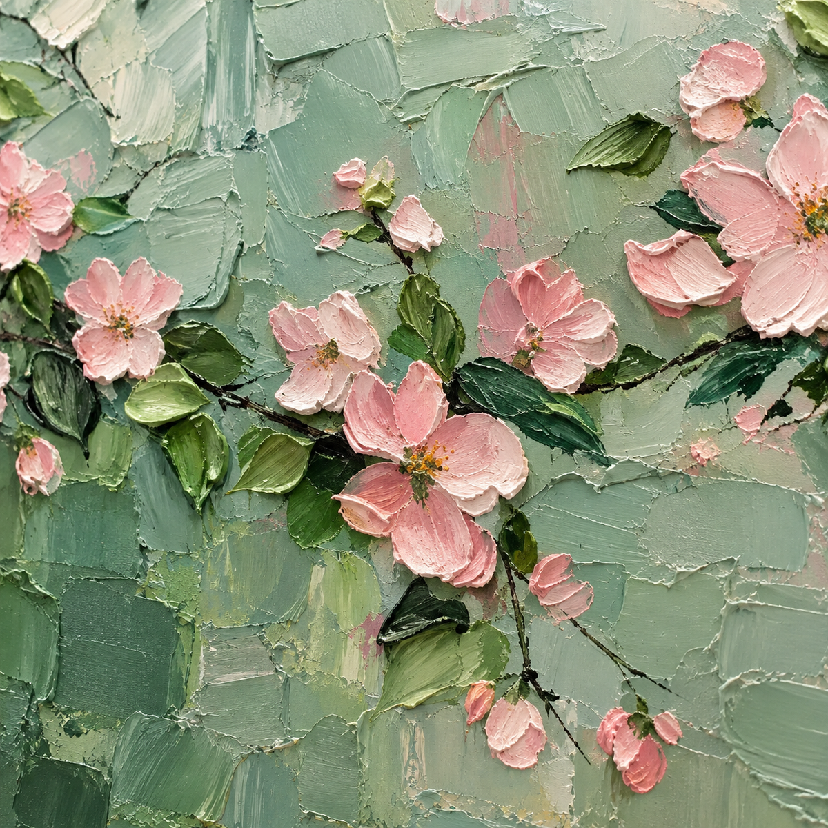 BLUSHING BRANCHES: Textured Floral Oil Painting with Pink Blossoms and Sage Green