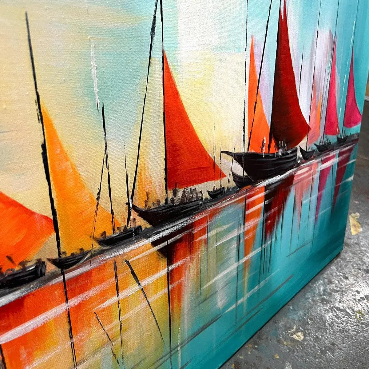 REGATTA AT DAWN: Textured Sailboat Seascape Panoramic Wall Art
