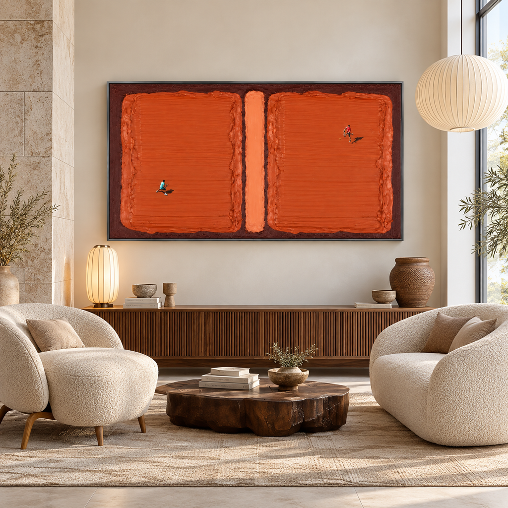 CLAY COURT: Texture Minimalist Tennis Match Oil Painting with Dynamic Energy