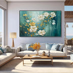GOLDEN GARDEN: White Gold Floral Wall Art Blue Canvas Elegant Decor