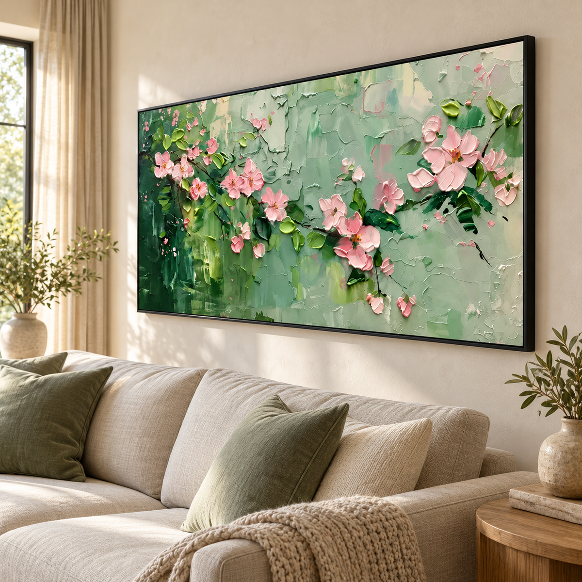 BLUSHING BRANCHES: Textured Floral Oil Painting with Pink Blossoms and Sage Green