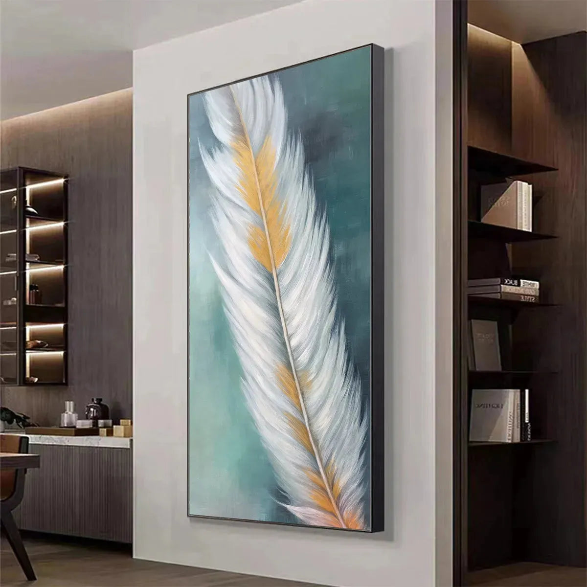 GOLDEN QUILL: Feather Wall Art White Gold Canvas Minimalist Decor