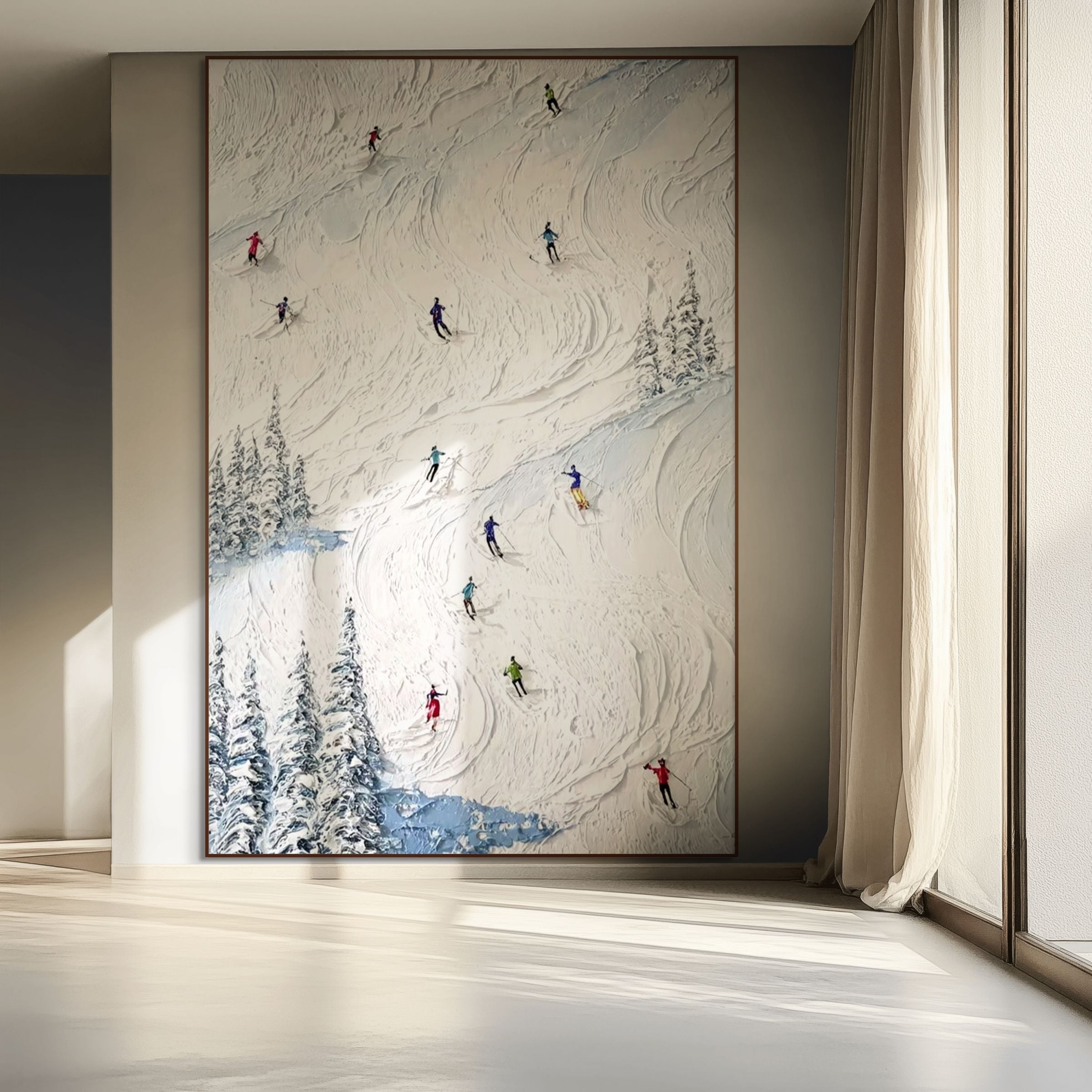 SUMMIT DESCENT: Heavy Texture Ski Scene Alpine Wall Art Canvas