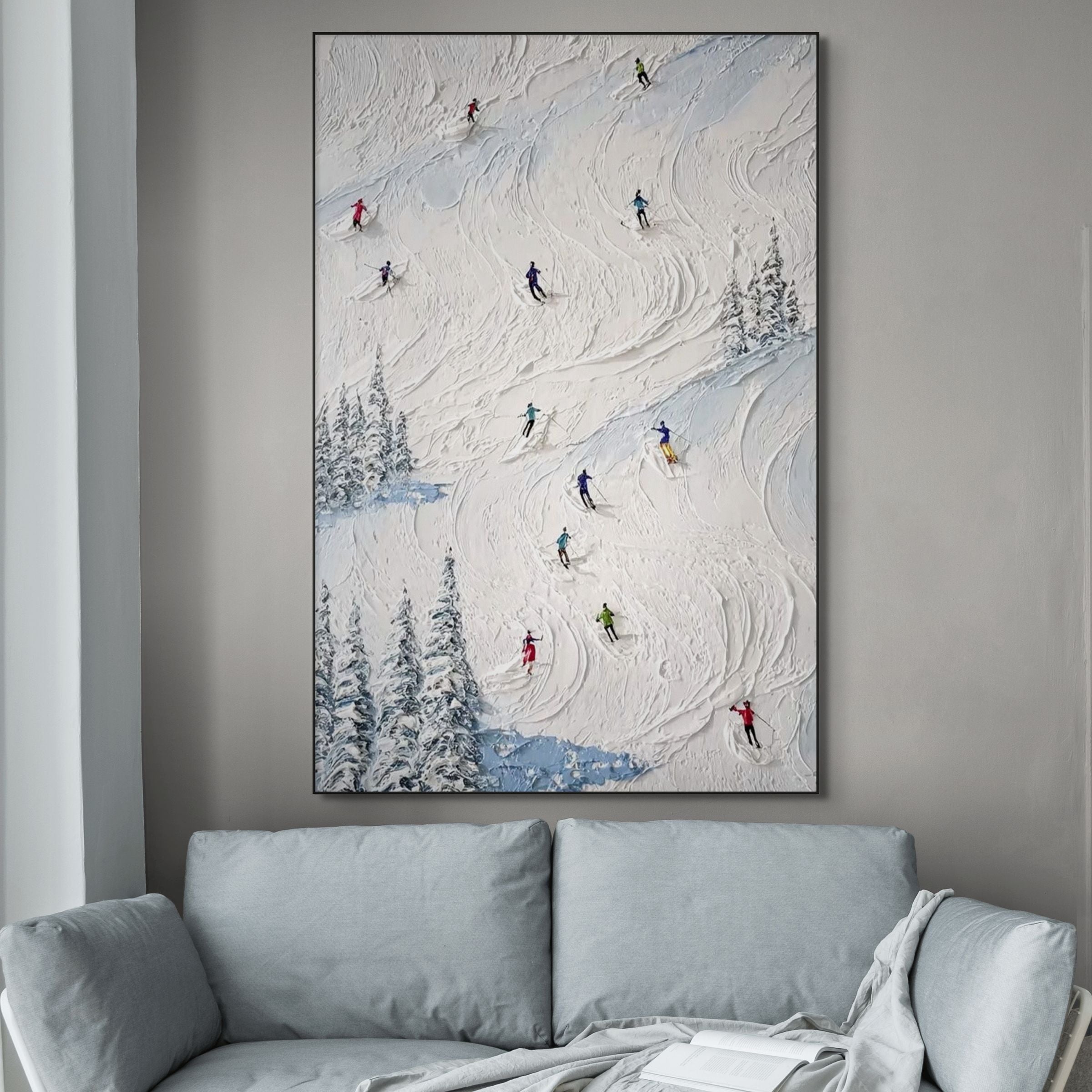 SUMMIT DESCENT: Heavy Texture Ski Scene Alpine Wall Art Canvas