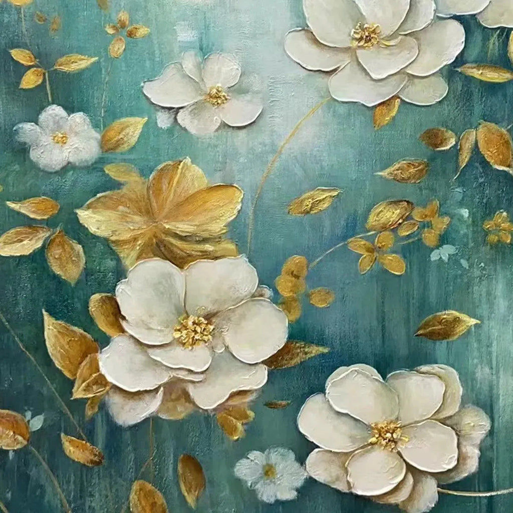 GOLDEN GARDEN: White Gold Floral Wall Art Blue Canvas Elegant Decor