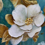 GOLDEN GARDEN: White Gold Floral Wall Art Blue Canvas Elegant Decor