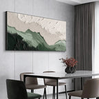 Sage River: Green & white textured impasto abstract landscape in a modern dining room, highlighting design & scale.