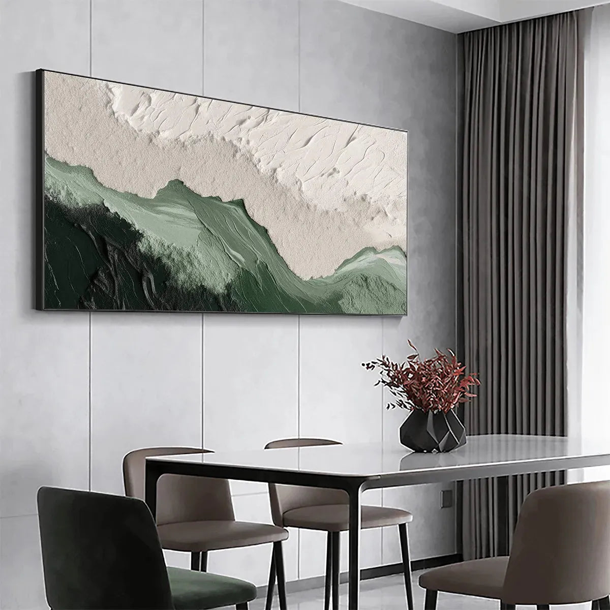 Sage River: Green & white textured impasto abstract landscape in a modern dining room, highlighting design & scale.
