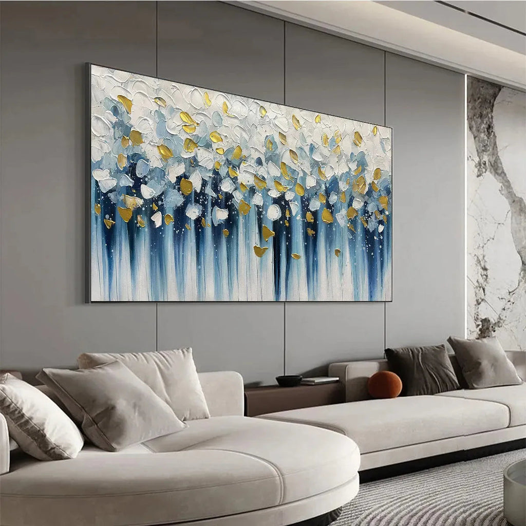 GOLDEN FALLS: Blue And Gold Textured Cascade Abstract Canvas