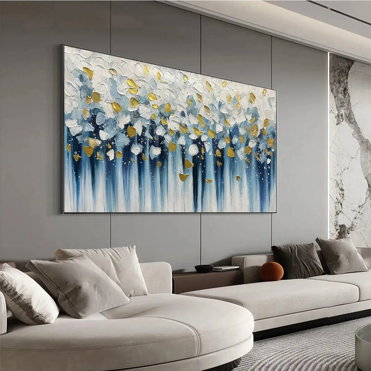 GOLDEN FALLS: Blue And Gold Textured Cascade Abstract Canvas
